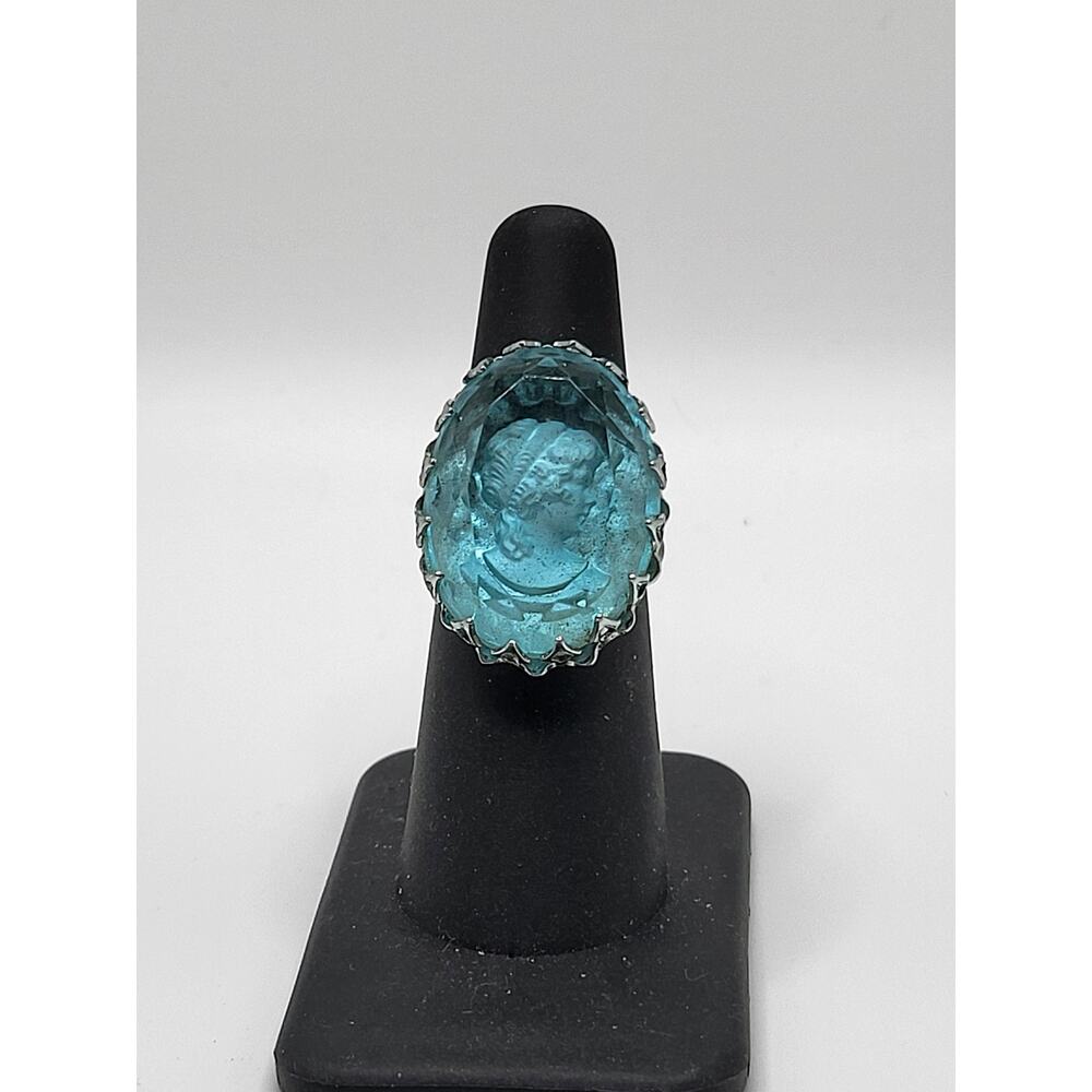 Vintage Aqua Reverse Cameo Intaglio Glass Ring Silver Tone Adjustable